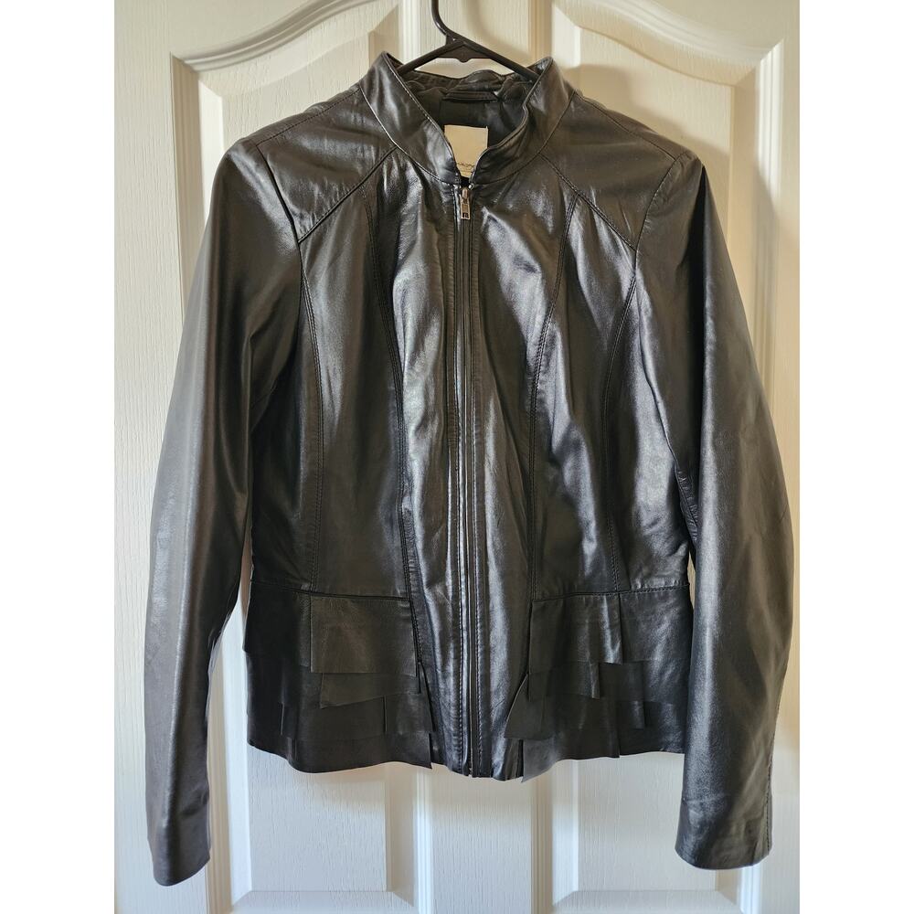 Halogen Genuine Leather Jacket M Tiered Ruffle Peplum Feminine Moto Biker Chic